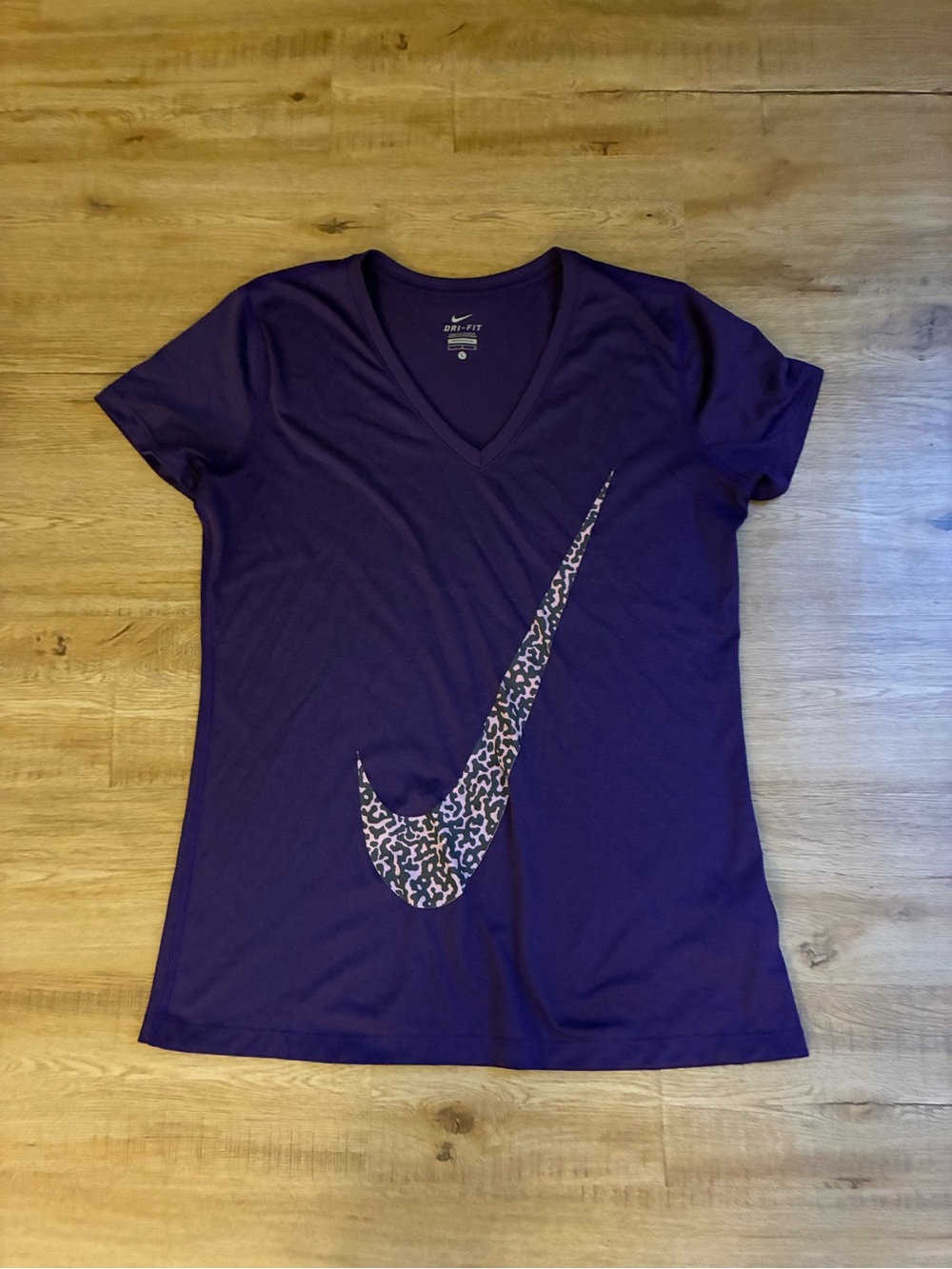 Nike Women's Deep Purple V-Neck Tee with Leopard Swoosh